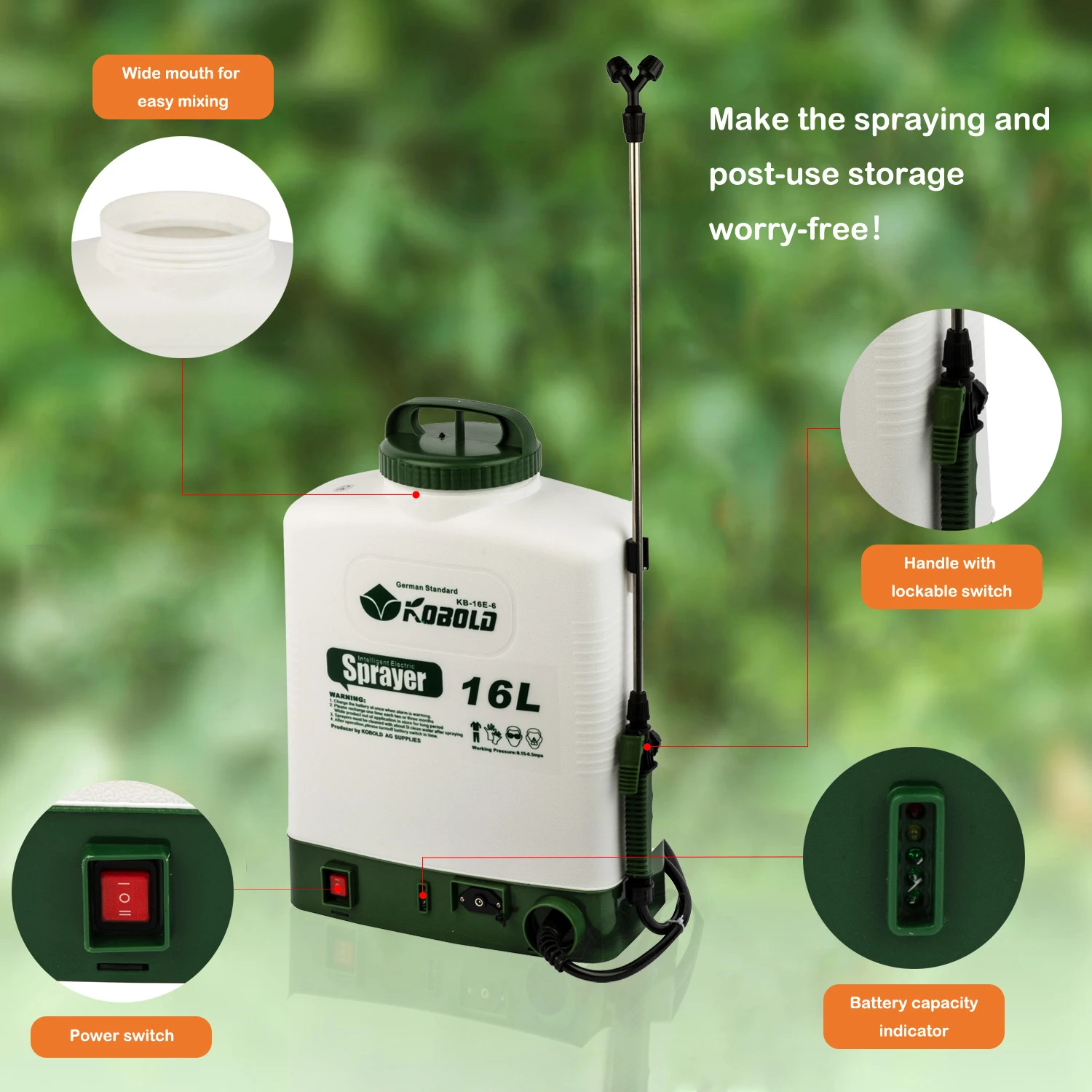 Kobold 16L Pulverizador el&eacute;trico mochila recarreg&aacute;vel alimentado por bateria para desinfec&ccedil;&atilde;o de jardim gramado agr&iacute;cola