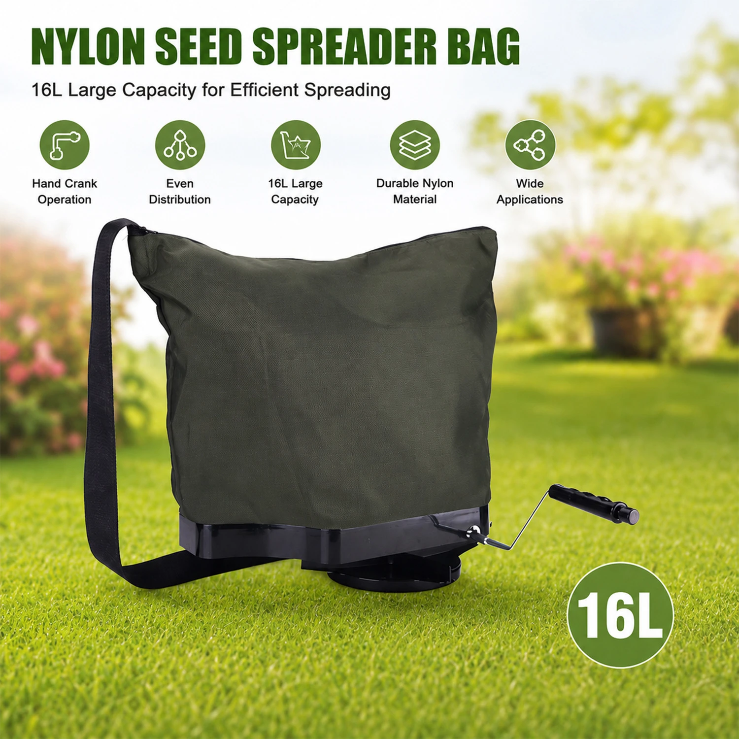 Saco semeador de nylon 16L para aplica&ccedil;&otilde;es de fertilizantes e sal de gramado