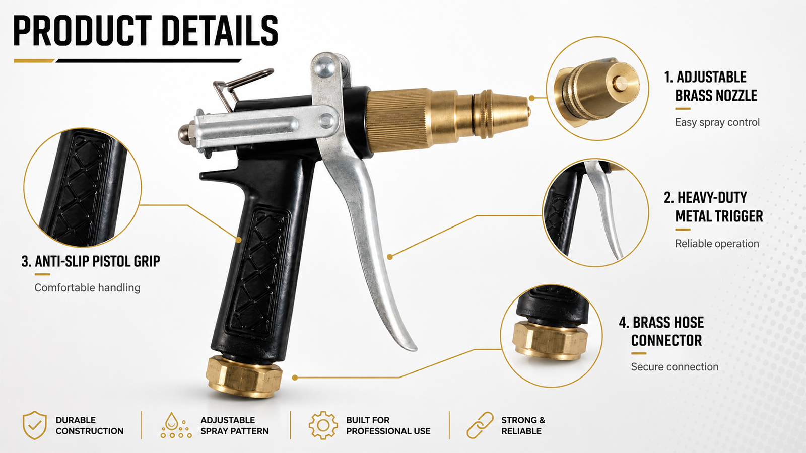 Pistola pulverizadora de alto fluxo para irrigação de jardim, lavagem de carro, limpeza externa